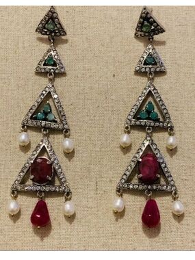 Ruby Emerald Pearl & Zircon Chandelier Earrings